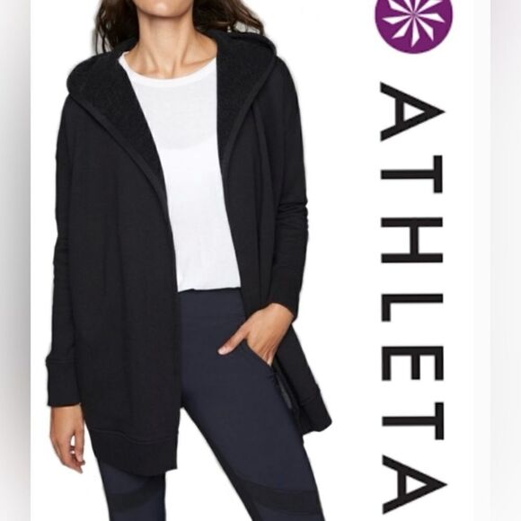 89 ATHLETA PRAJNA HOODED BLACK JERSEY KNIT OPEN WRAP SWEATSHIRT SHIRT TOP - Picture 1 of 1